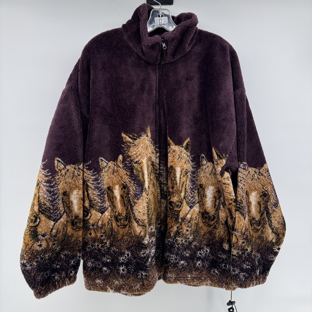 Mazmania Fleece Jacket Womens XL Deep Plum Purple Zip Up Horses Western